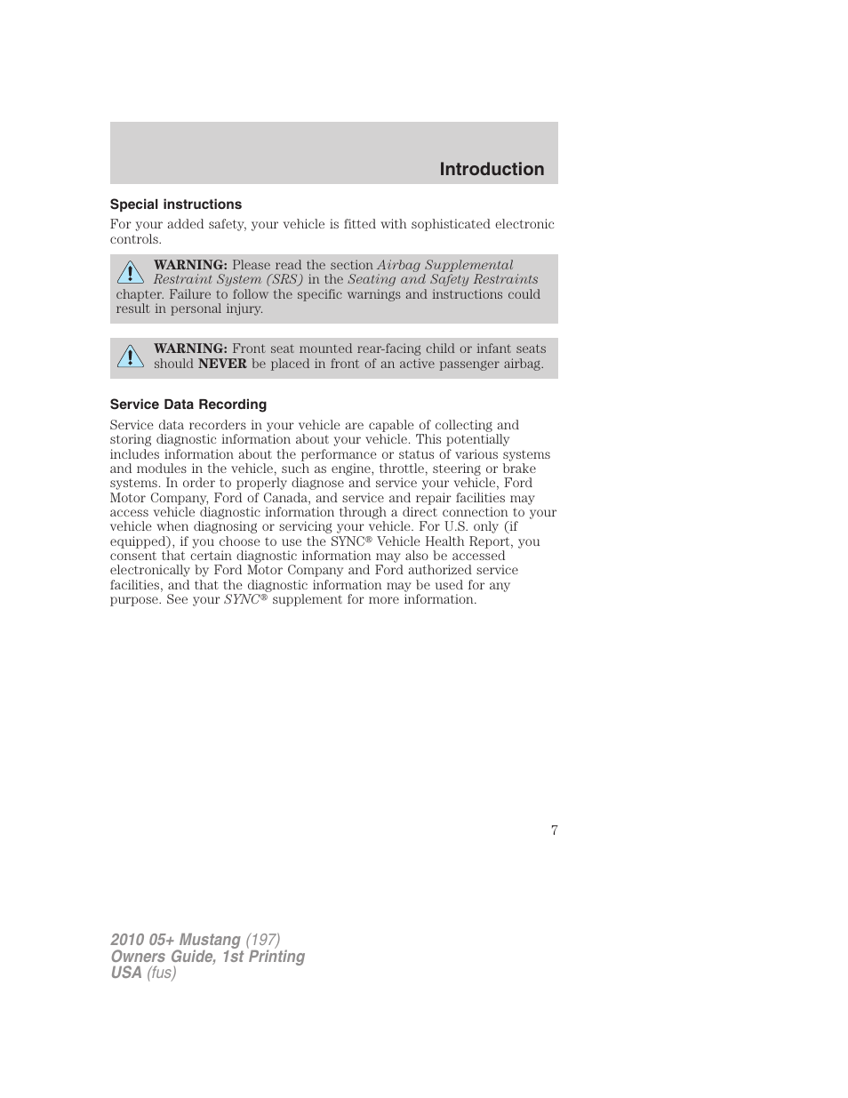 Special instructions, Service data recording, Introduction | FORD 2010 Mustang v.1 User Manual | Page 7 / 318