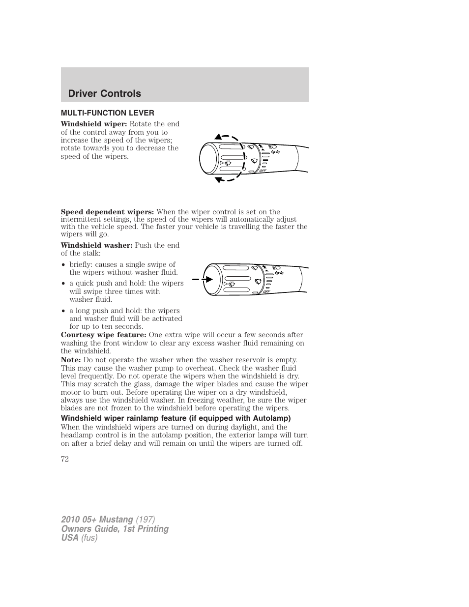 Driver controls, Multi-function lever, Windshield wiper/washer control | FORD 2010 Mustang v.1 User Manual | Page 72 / 318