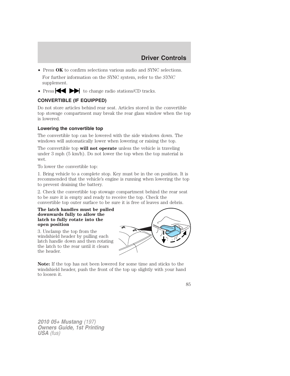 Convertible (if equipped), Lowering the convertible top, Driver controls | FORD 2010 Mustang v.1 User Manual | Page 85 / 318