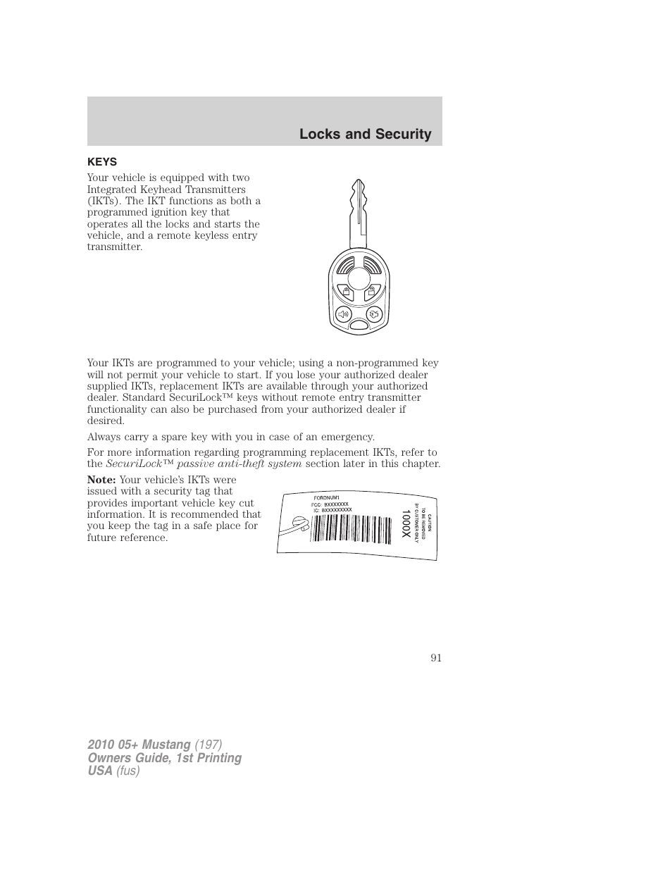 Locks and security, Keys | FORD 2010 Mustang v.1 User Manual | Page 91 / 318