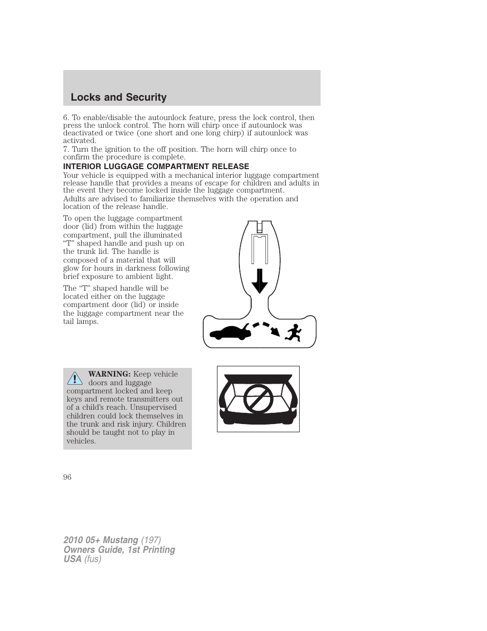 Interior luggage compartment release, Locks and security | FORD 2010 Mustang v.1 User Manual | Page 96 / 318