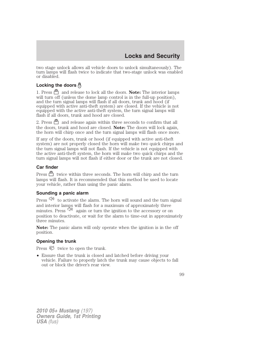 Locking the doors, Car finder, Sounding a panic alarm | Opening the trunk, Locks and security | FORD 2010 Mustang v.1 User Manual | Page 99 / 318