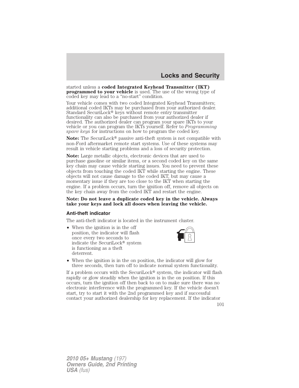 Anti-theft indicator, Locks and security | FORD 2010 Mustang v.2 User Manual | Page 101 / 314