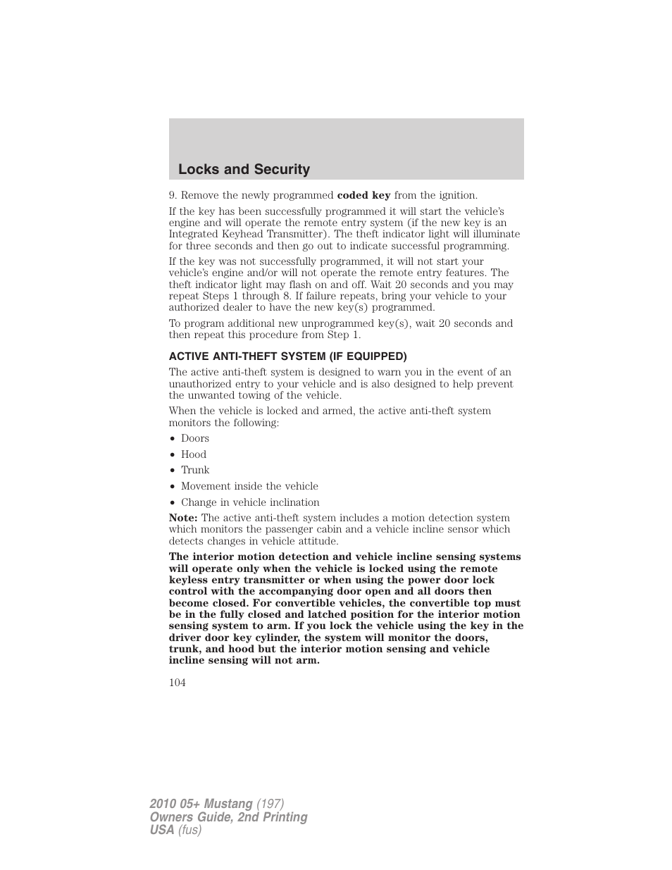 Active anti-theft system (if equipped), Locks and security | FORD 2010 Mustang v.2 User Manual | Page 104 / 314