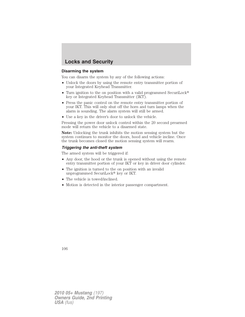 Disarming the system, Triggering the anti-theft system, Locks and security | FORD 2010 Mustang v.2 User Manual | Page 106 / 314
