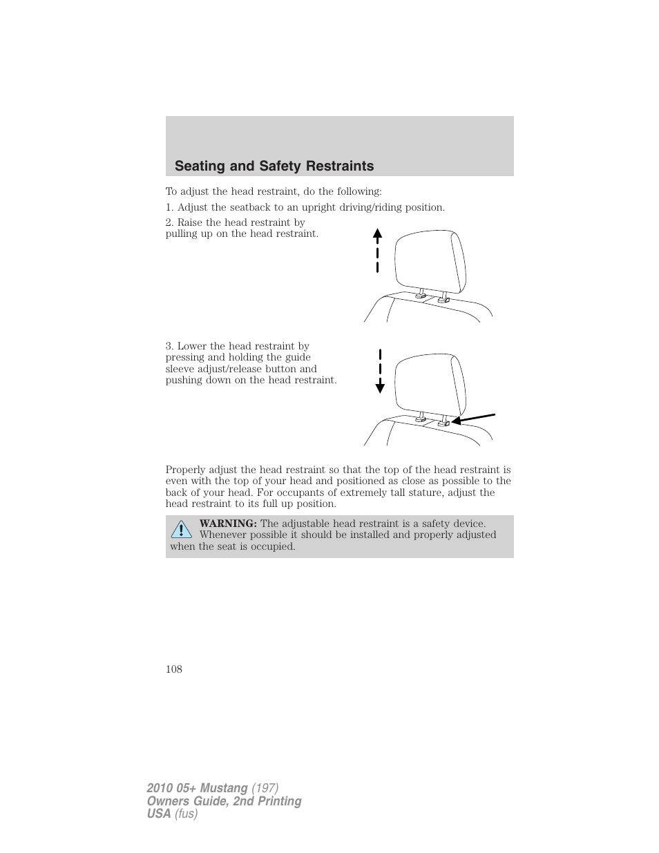 Seating and safety restraints | FORD 2010 Mustang v.2 User Manual | Page 108 / 314