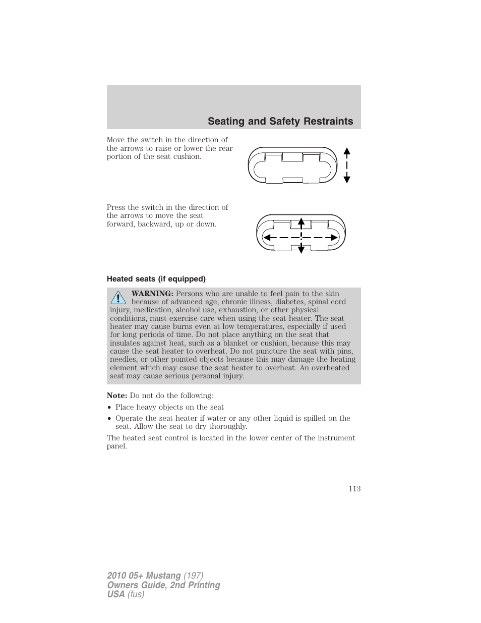 Heated seats (if equipped), Seating and safety restraints | FORD 2010 Mustang v.2 User Manual | Page 113 / 314