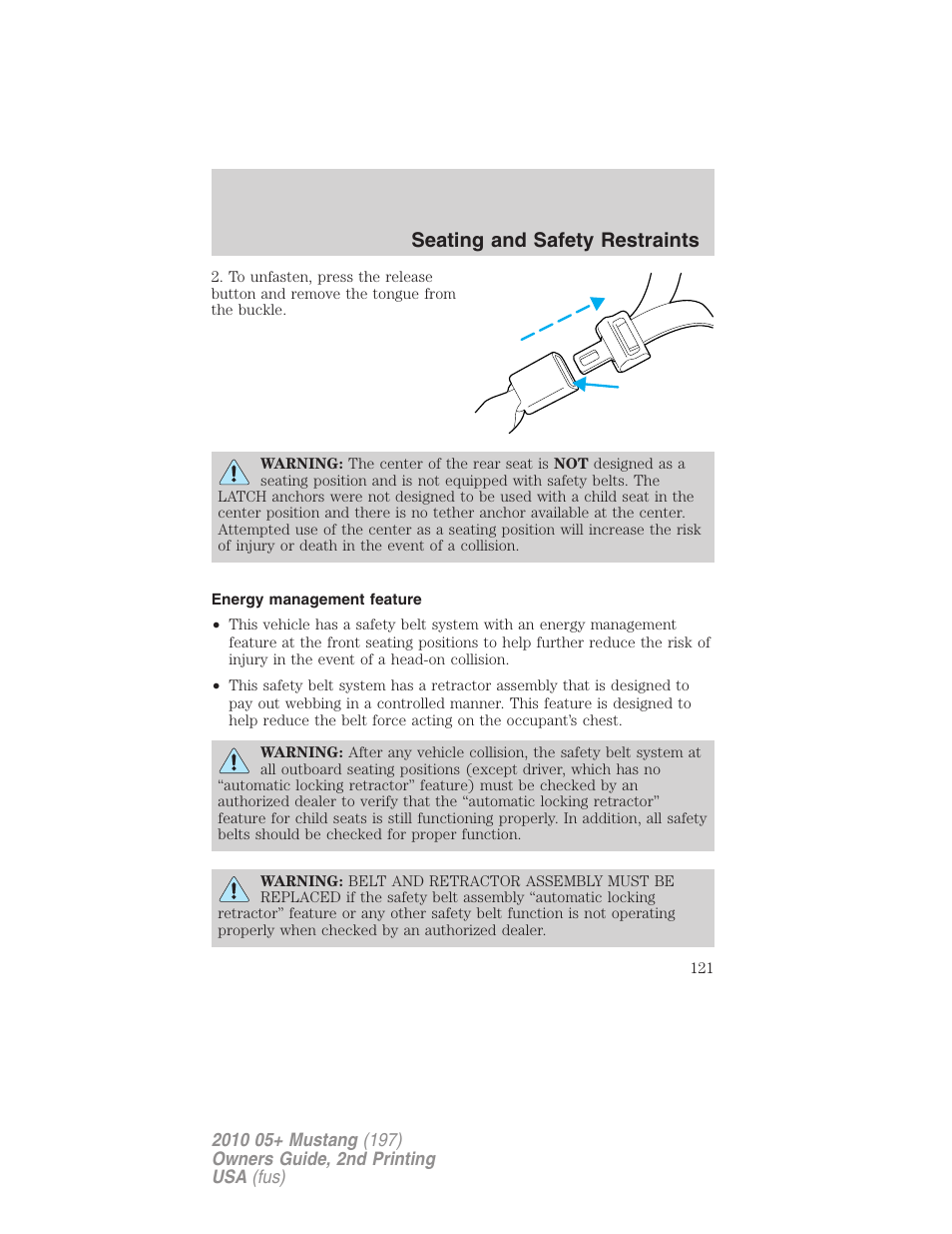Energy management feature, Seating and safety restraints | FORD 2010 Mustang v.2 User Manual | Page 121 / 314