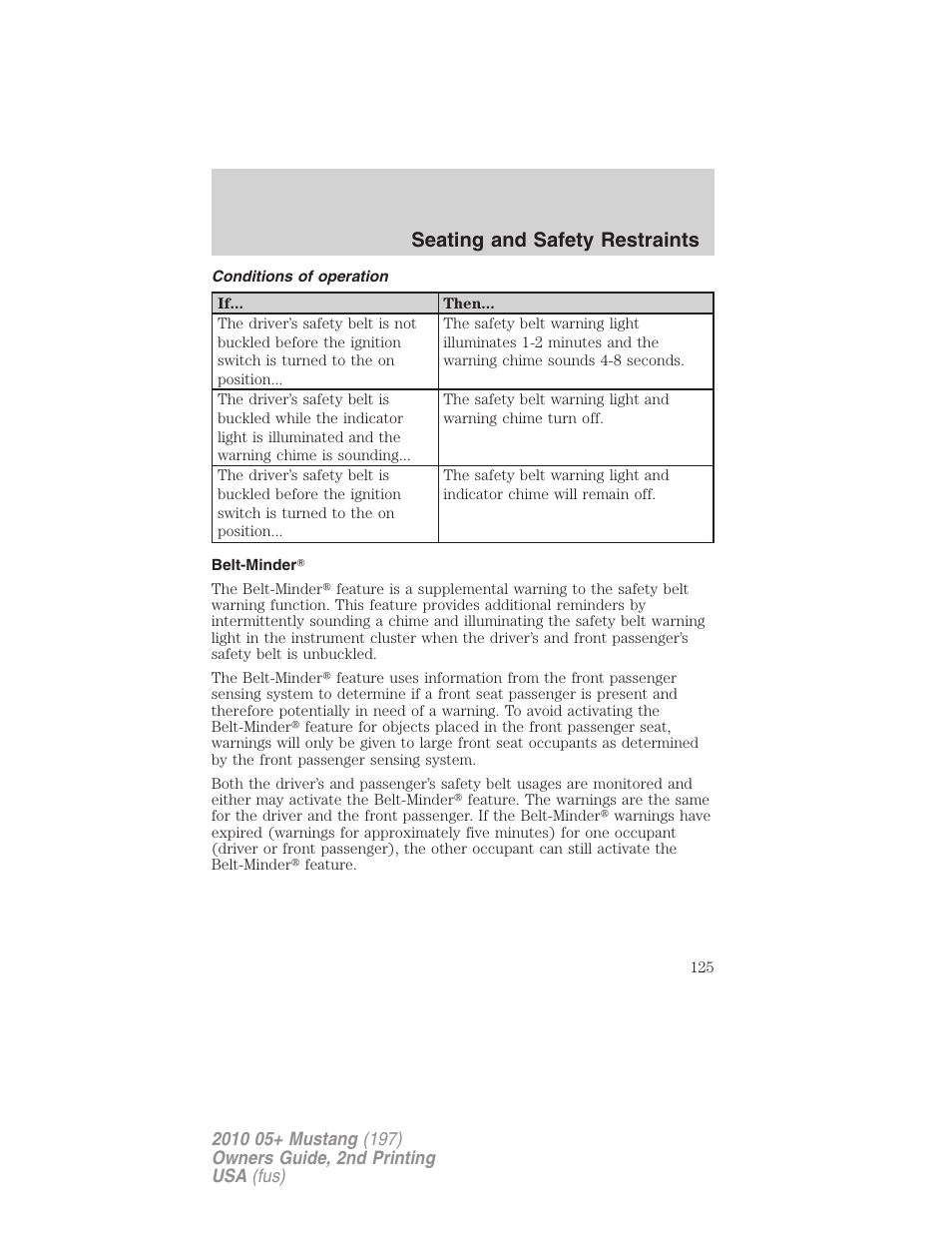 Conditions of operation, Belt-minder, Seating and safety restraints | FORD 2010 Mustang v.2 User Manual | Page 125 / 314