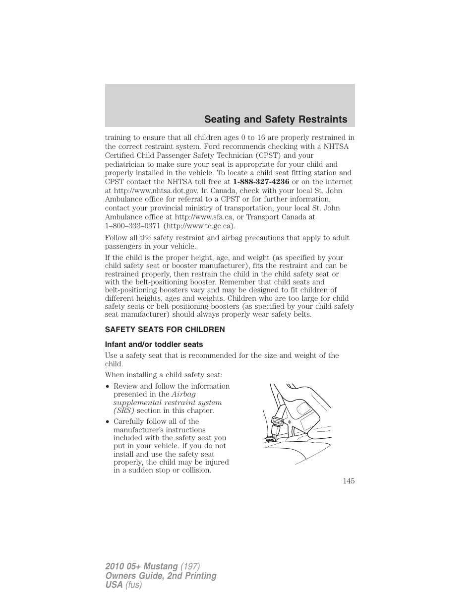 Safety seats for children, Infant and/or toddler seats, Seating and safety restraints | FORD 2010 Mustang v.2 User Manual | Page 145 / 314