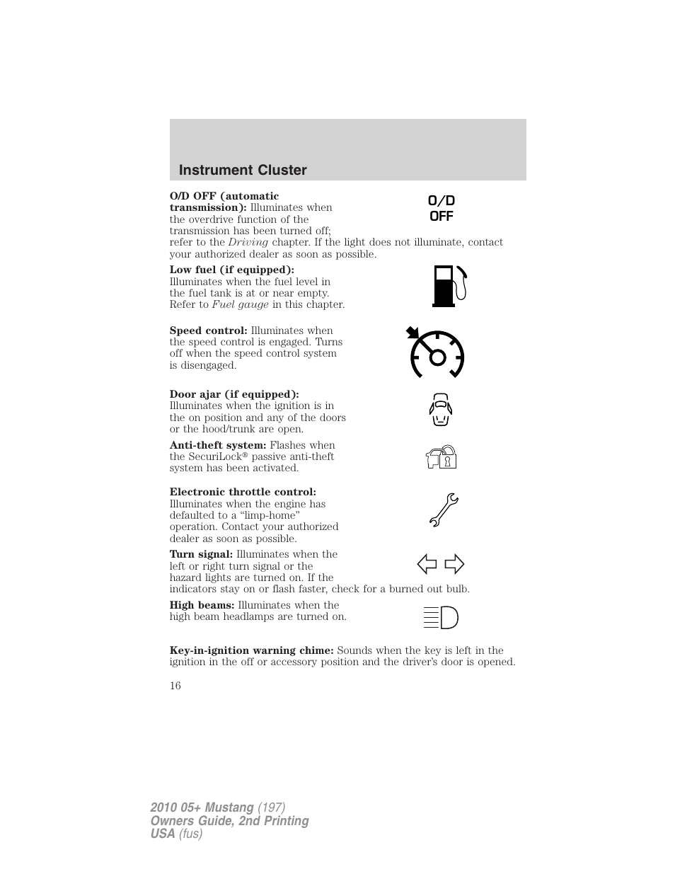 Instrument cluster | FORD 2010 Mustang v.2 User Manual | Page 16 / 314