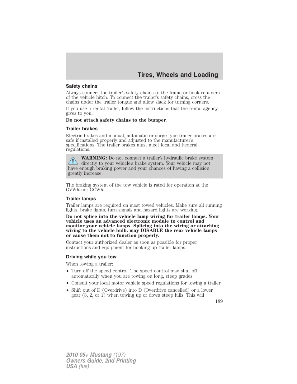 Safety chains, Trailer brakes, Trailer lamps | Driving while you tow, Tires, wheels and loading | FORD 2010 Mustang v.2 User Manual | Page 189 / 314