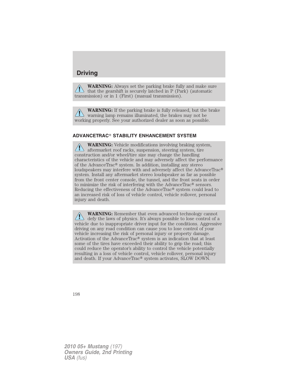 Advancetrac stability enhancement system, Advancetrac, Driving | FORD 2010 Mustang v.2 User Manual | Page 198 / 314