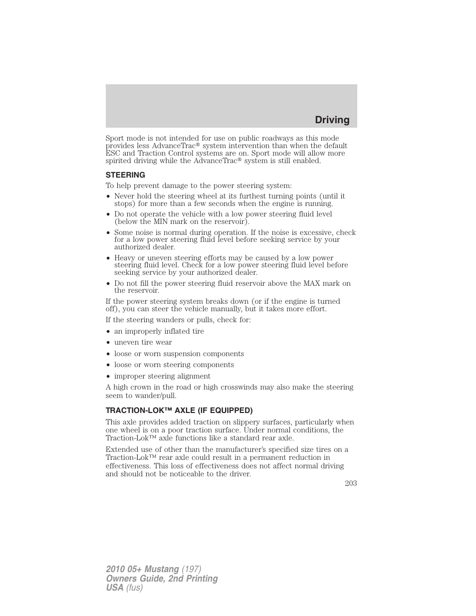 Steering, Traction-lok™ axle (if equipped), Driving | FORD 2010 Mustang v.2 User Manual | Page 203 / 314