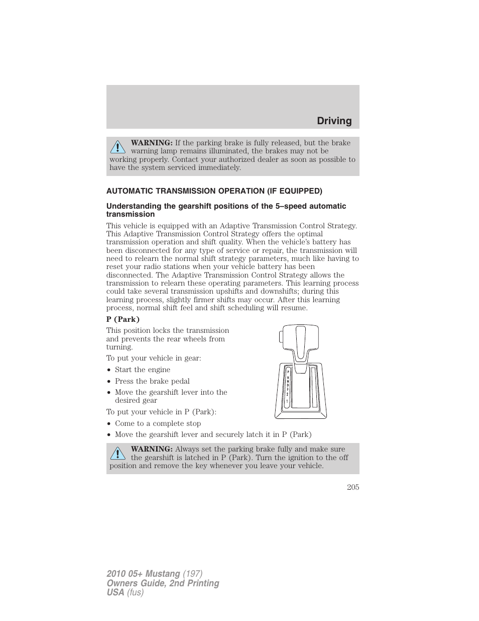 Automatic transmission operation (if equipped), Transmission operation, Driving | FORD 2010 Mustang v.2 User Manual | Page 205 / 314