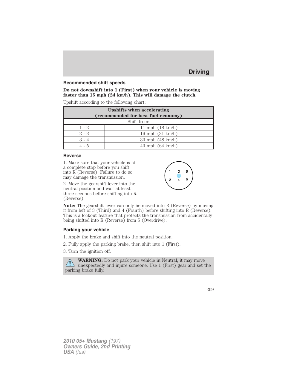 Recommended shift speeds, Reverse, Parking your vehicle | Driving | FORD 2010 Mustang v.2 User Manual | Page 209 / 314