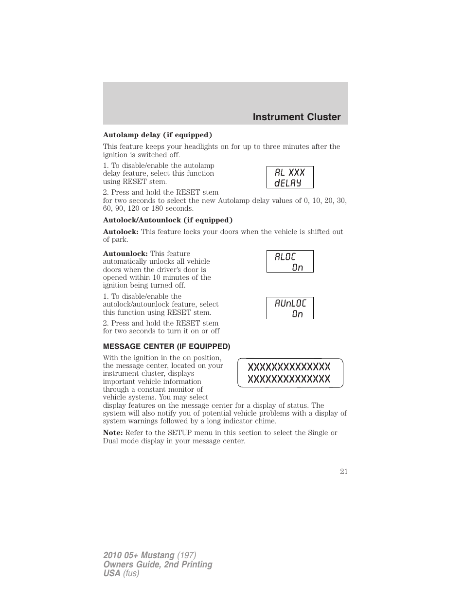 Message center (if equipped), Instrument cluster | FORD 2010 Mustang v.2 User Manual | Page 21 / 314