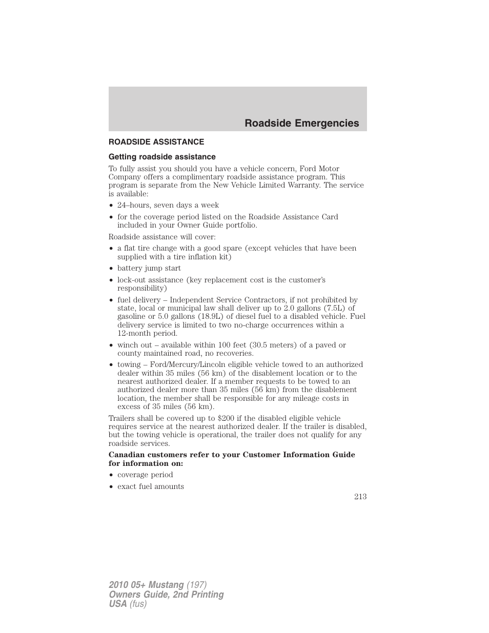 Roadside emergencies, Roadside assistance, Getting roadside assistance | FORD 2010 Mustang v.2 User Manual | Page 213 / 314