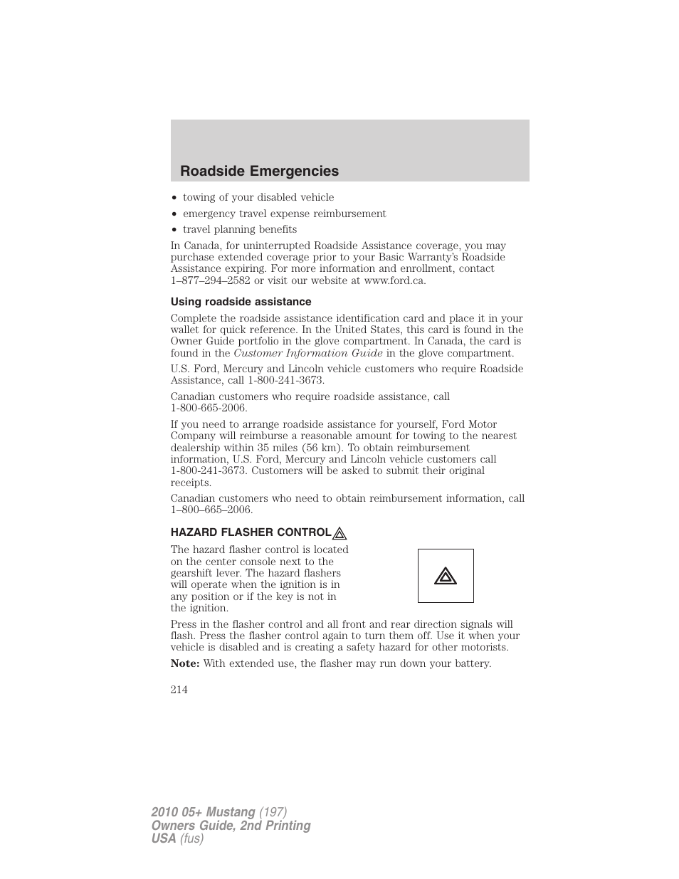 Using roadside assistance, Hazard flasher control, Roadside emergencies | FORD 2010 Mustang v.2 User Manual | Page 214 / 314