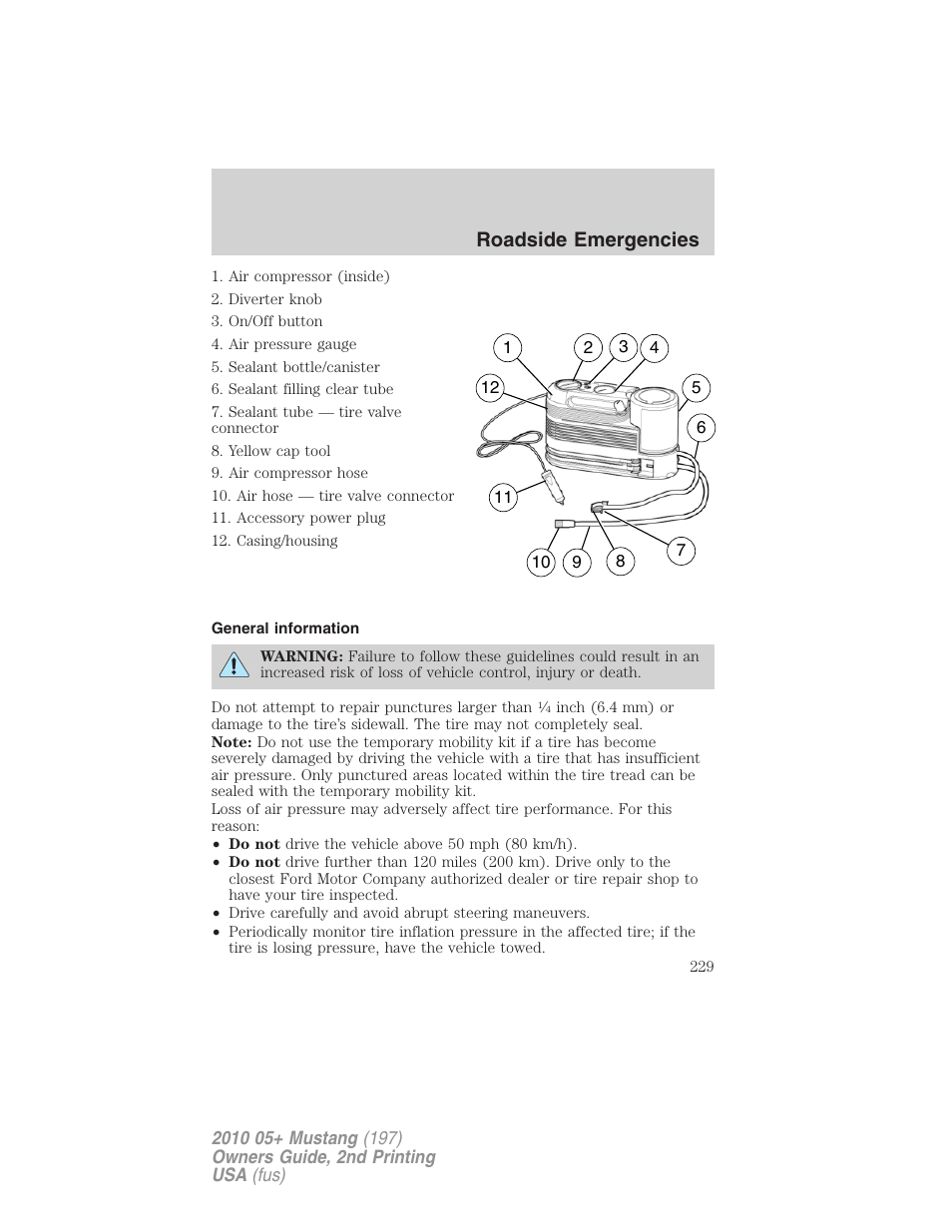 General information, Roadside emergencies | FORD 2010 Mustang v.2 User Manual | Page 229 / 314