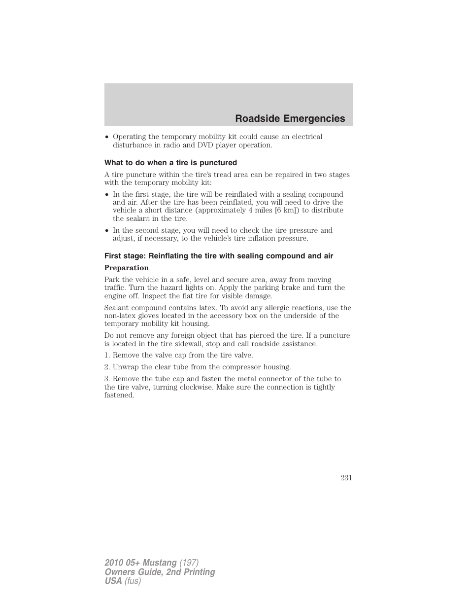 What to do when a tire is punctured, Roadside emergencies | FORD 2010 Mustang v.2 User Manual | Page 231 / 314