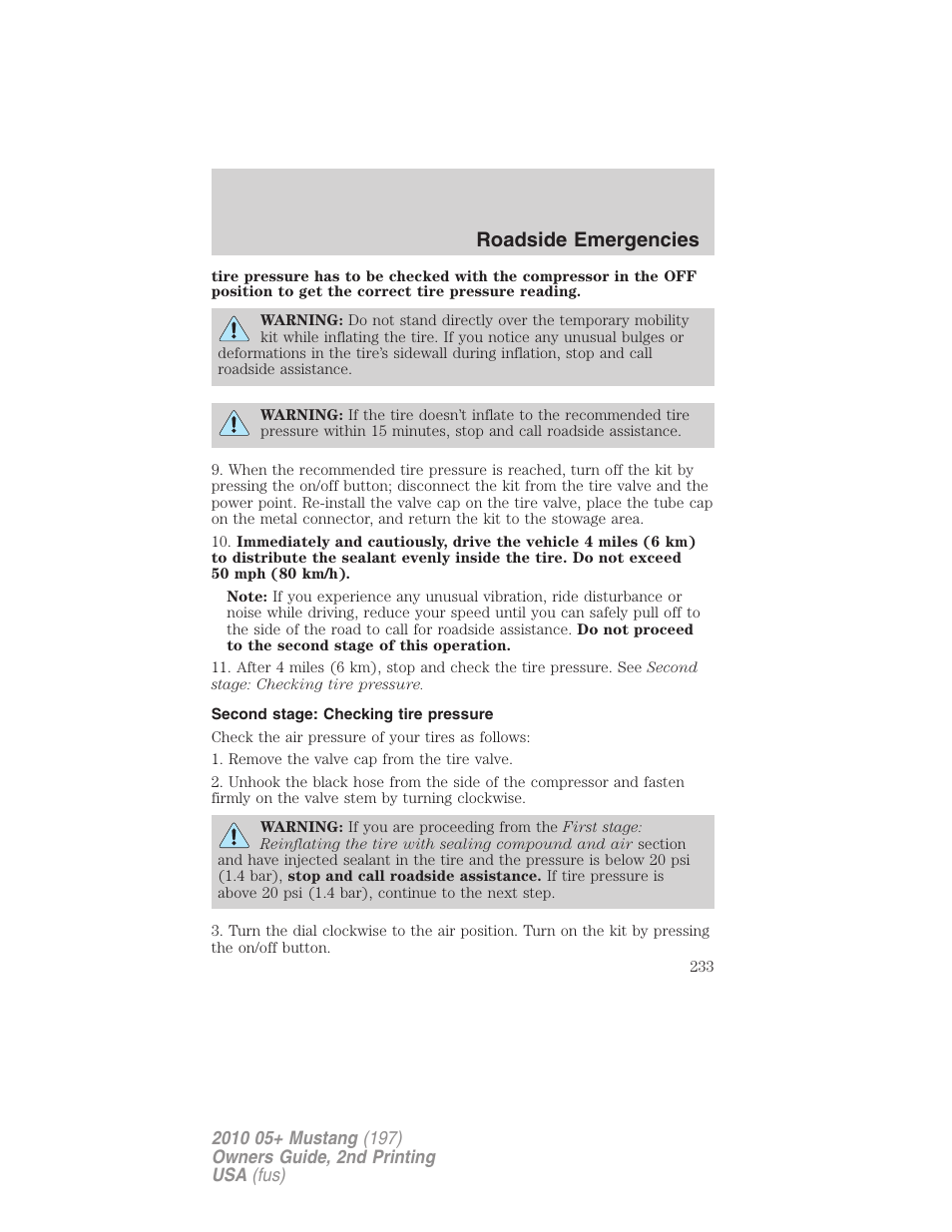 Second stage: checking tire pressure, Roadside emergencies | FORD 2010 Mustang v.2 User Manual | Page 233 / 314