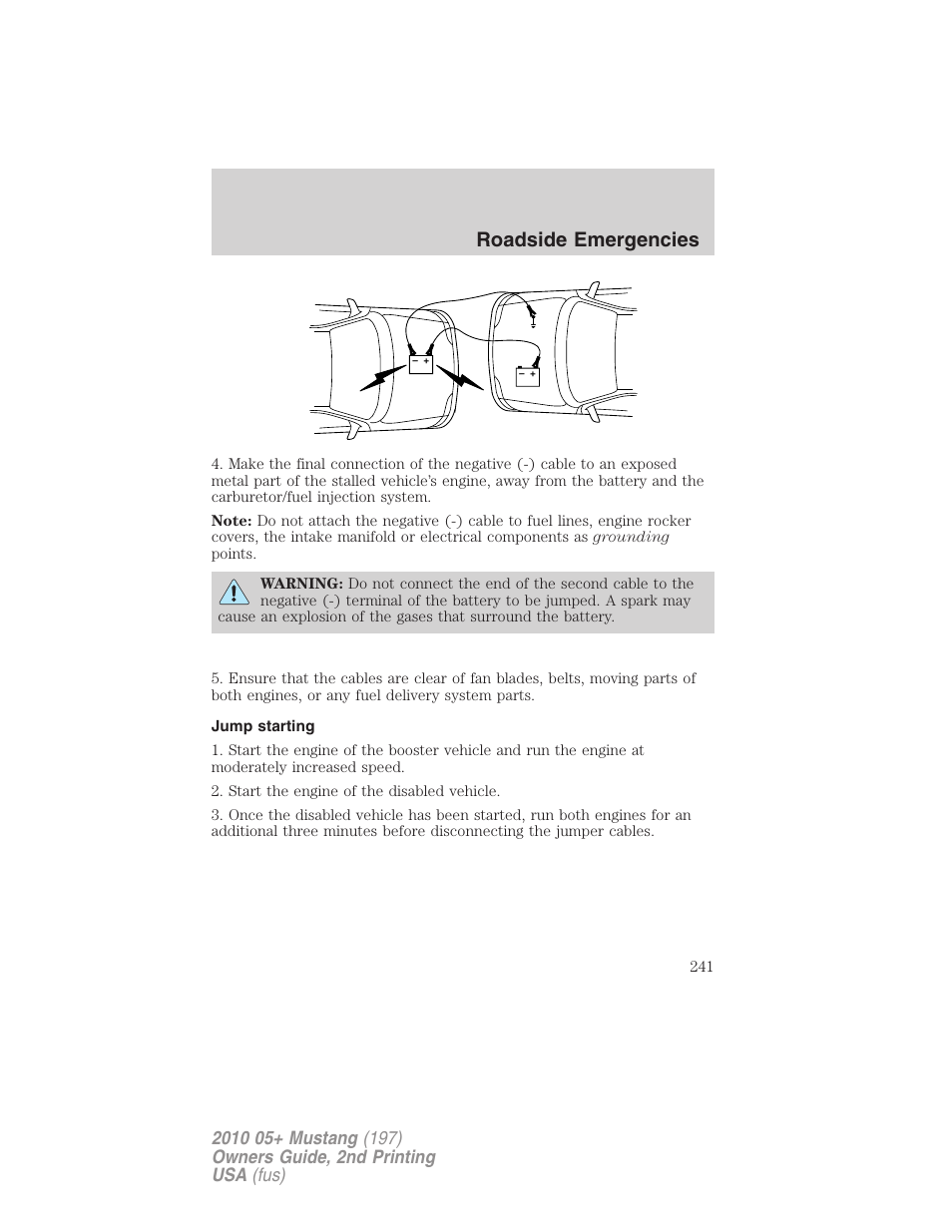 Jump starting, Roadside emergencies | FORD 2010 Mustang v.2 User Manual | Page 241 / 314