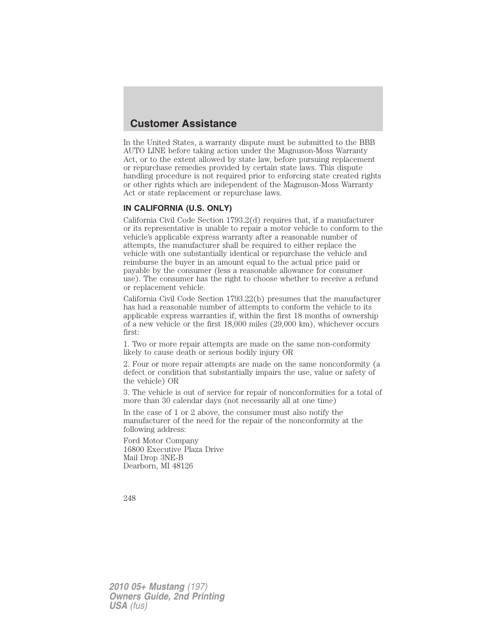 In california (u.s. only), Customer assistance | FORD 2010 Mustang v.2 User Manual | Page 248 / 314