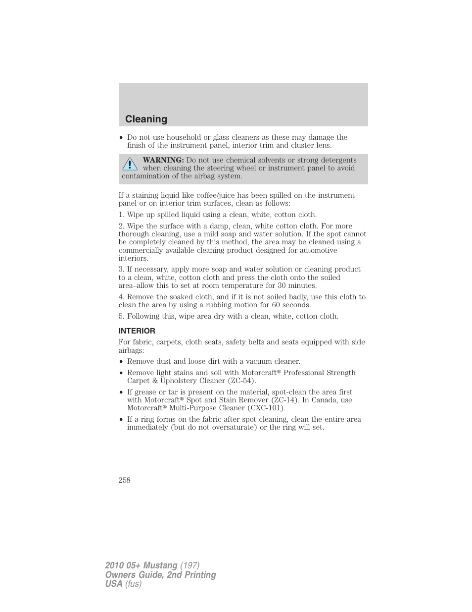 Interior, Cleaning | FORD 2010 Mustang v.2 User Manual | Page 258 / 314
