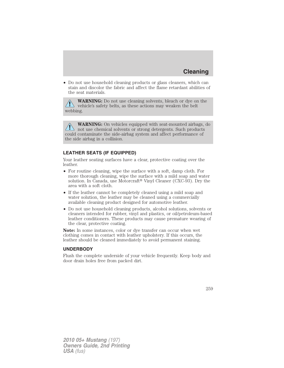 Leather seats (if equipped), Underbody, Cleaning | FORD 2010 Mustang v.2 User Manual | Page 259 / 314