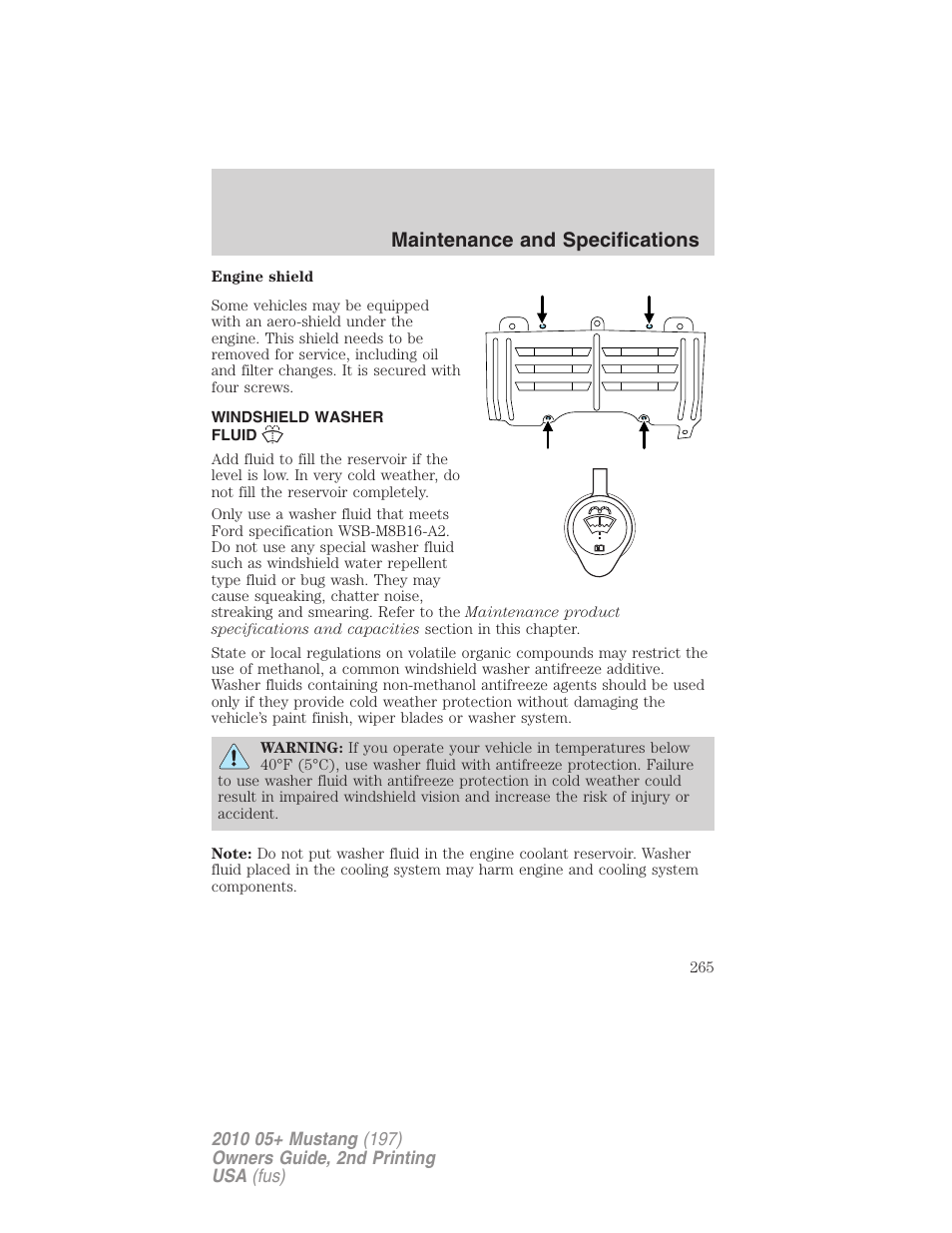 Windshield washer fluid, Maintenance and specifications | FORD 2010 Mustang v.2 User Manual | Page 265 / 314