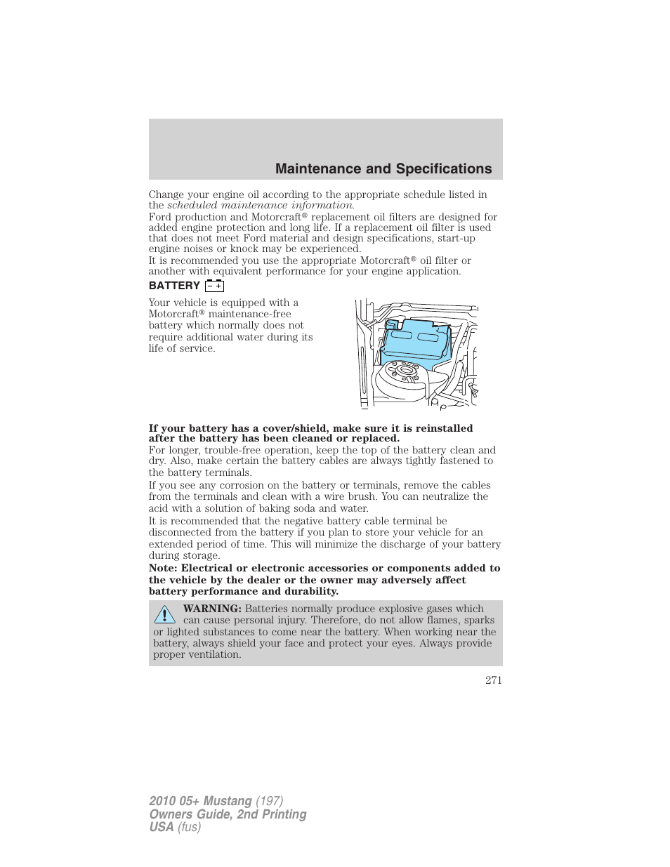 Battery, Maintenance and specifications | FORD 2010 Mustang v.2 User Manual | Page 271 / 314