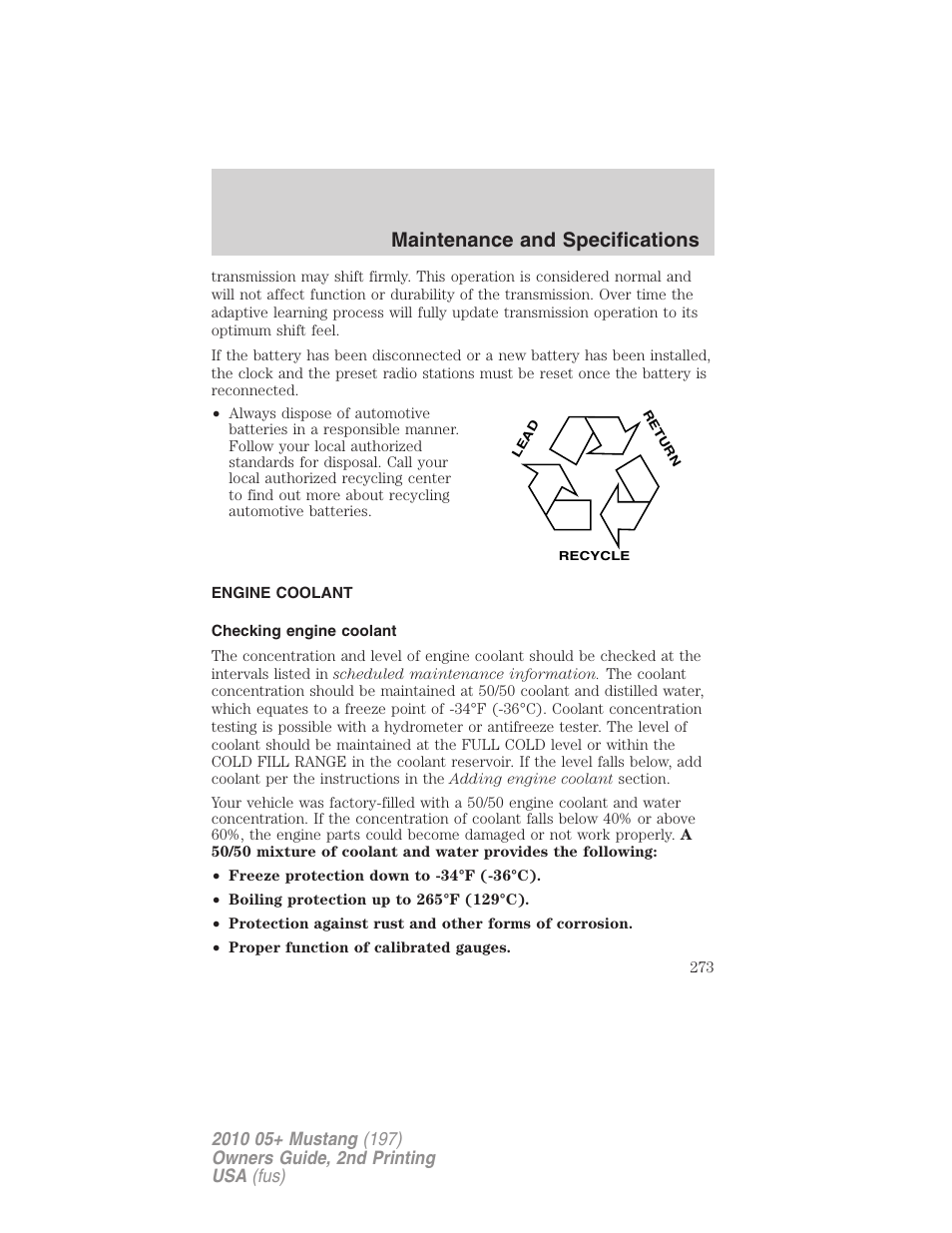 Engine coolant, Checking engine coolant, Maintenance and specifications | FORD 2010 Mustang v.2 User Manual | Page 273 / 314