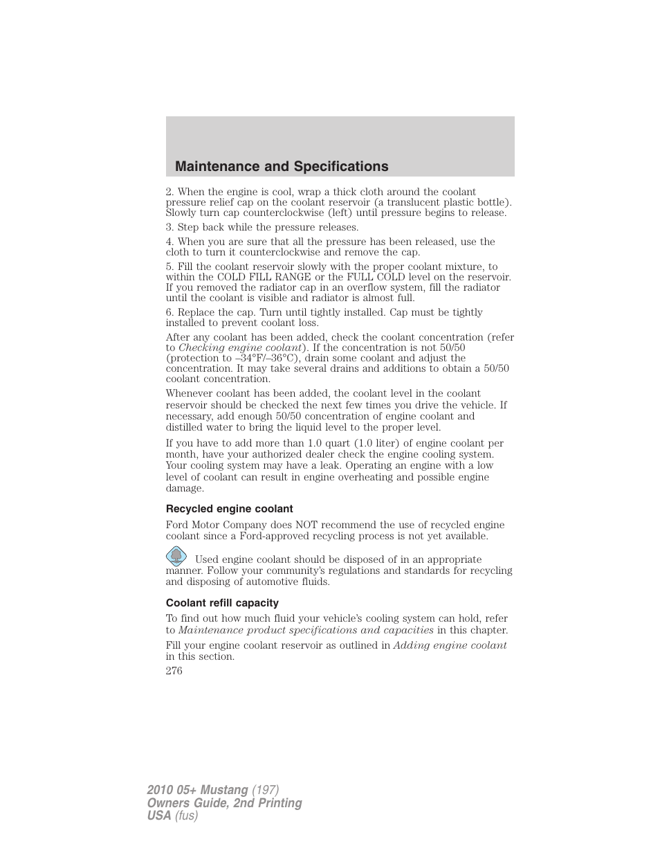 Recycled engine coolant, Coolant refill capacity, Maintenance and specifications | FORD 2010 Mustang v.2 User Manual | Page 276 / 314
