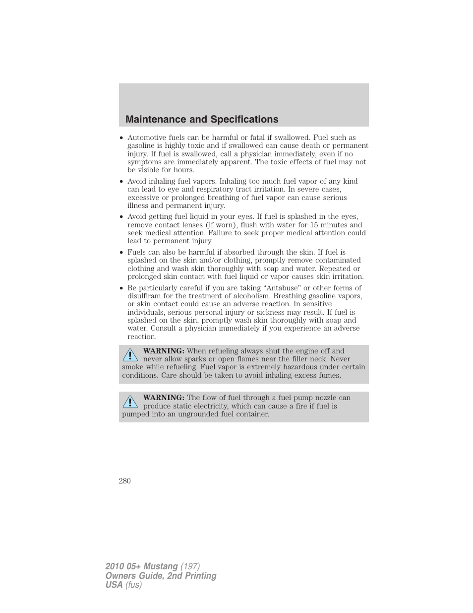 Maintenance and specifications | FORD 2010 Mustang v.2 User Manual | Page 280 / 314