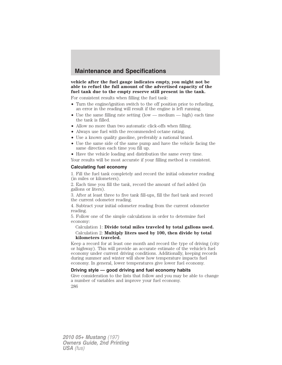 Calculating fuel economy, Maintenance and specifications | FORD 2010 Mustang v.2 User Manual | Page 286 / 314