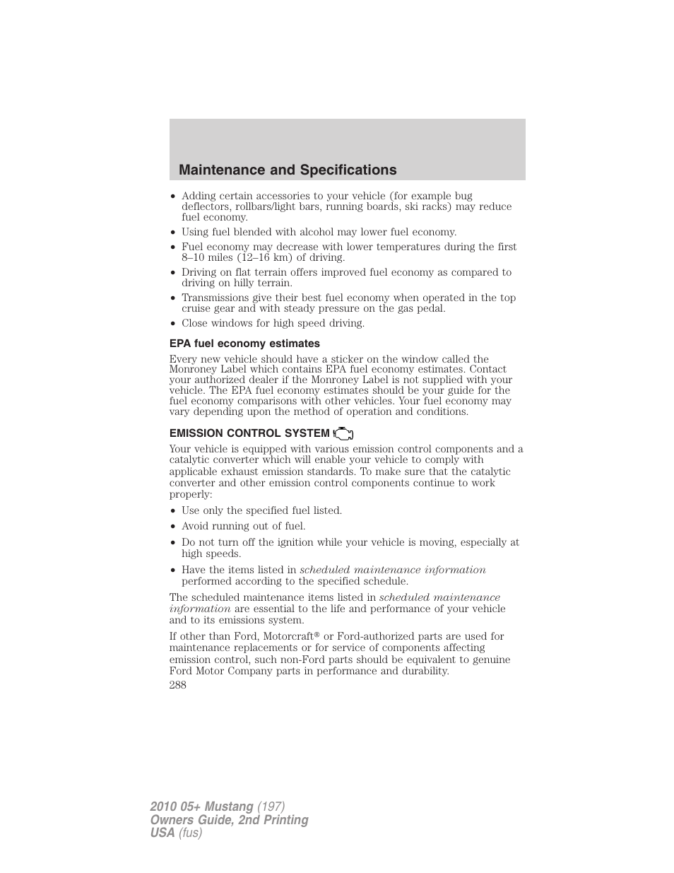 Epa fuel economy estimates, Emission control system, Maintenance and specifications | FORD 2010 Mustang v.2 User Manual | Page 288 / 314