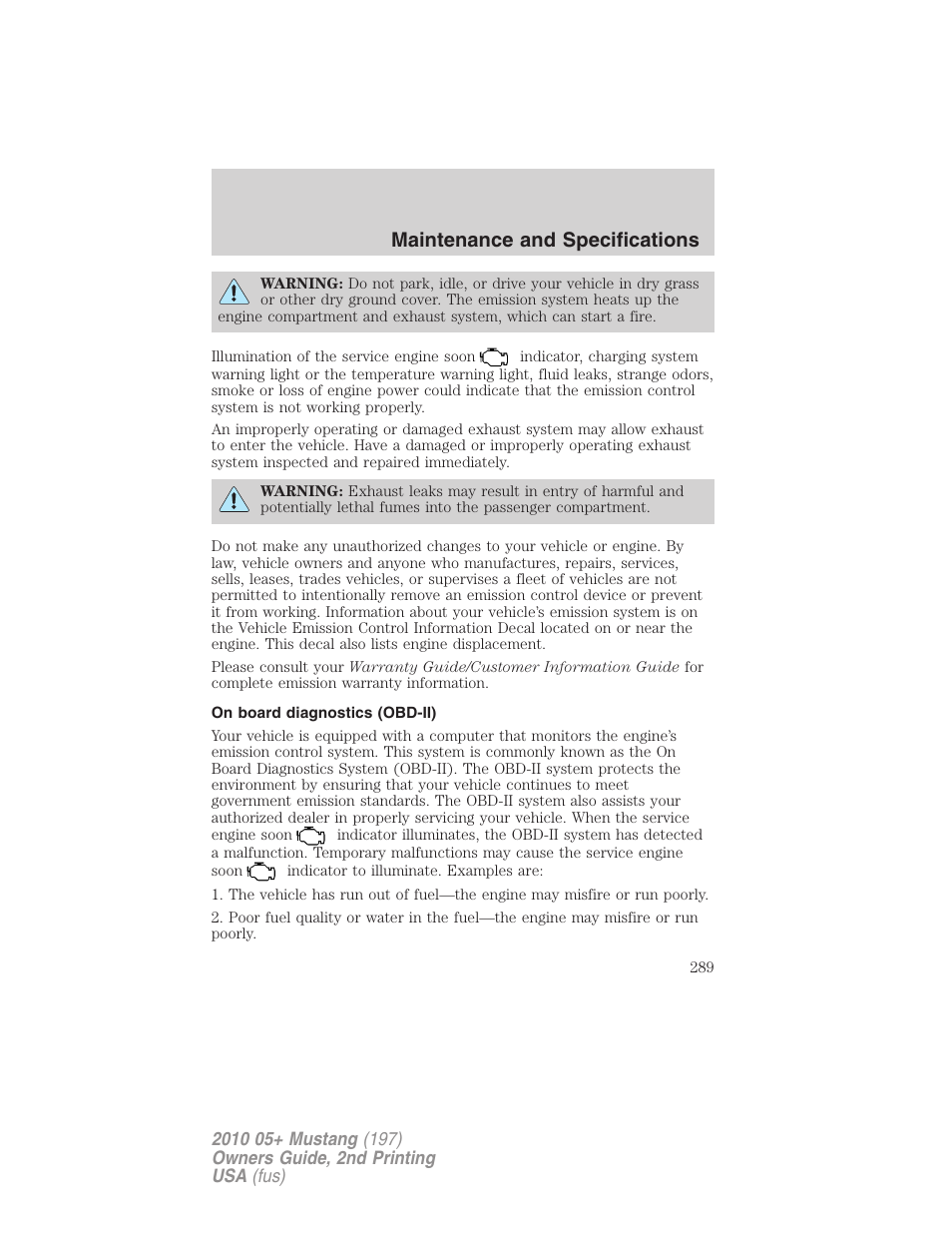 On board diagnostics (obd-ii), Maintenance and specifications | FORD 2010 Mustang v.2 User Manual | Page 289 / 314