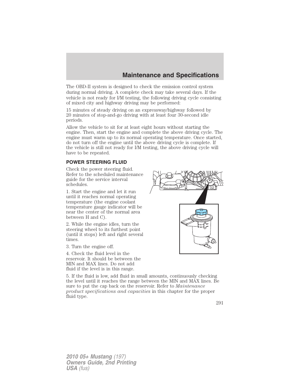 Power steering fluid, Maintenance and specifications | FORD 2010 Mustang v.2 User Manual | Page 291 / 314
