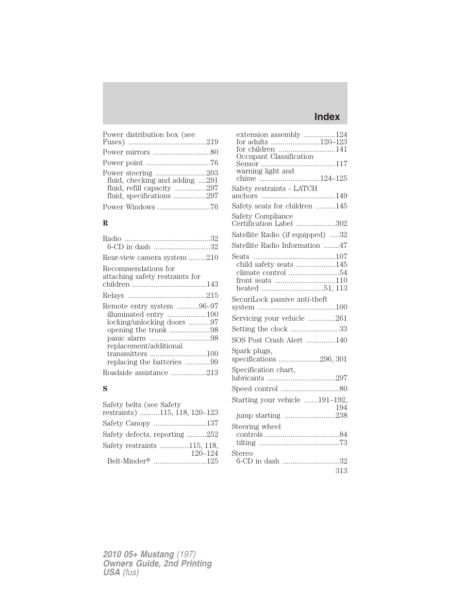 Index | FORD 2010 Mustang v.2 User Manual | Page 313 / 314