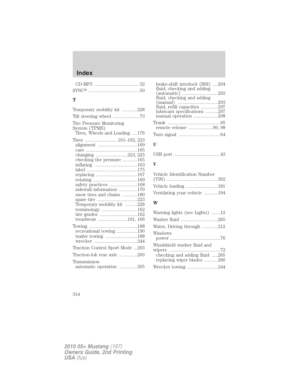 Index | FORD 2010 Mustang v.2 User Manual | Page 314 / 314