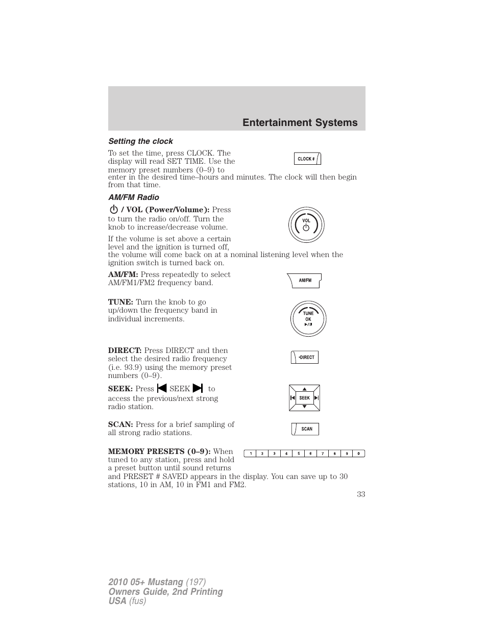 Setting the clock, Am/fm radio, Entertainment systems | FORD 2010 Mustang v.2 User Manual | Page 33 / 314