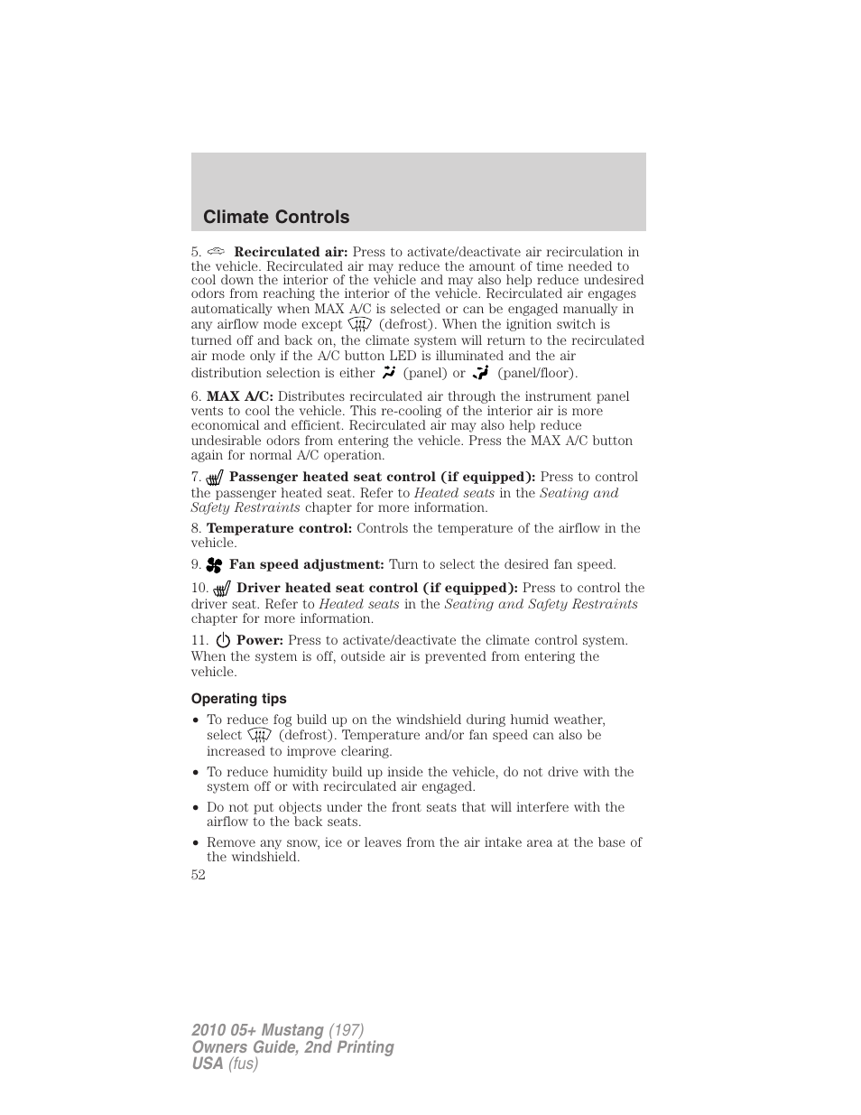 Operating tips, Climate controls | FORD 2010 Mustang v.2 User Manual | Page 52 / 314