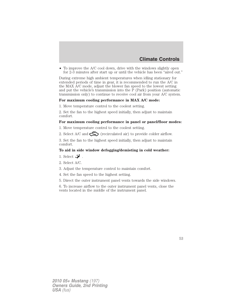 Climate controls | FORD 2010 Mustang v.2 User Manual | Page 53 / 314