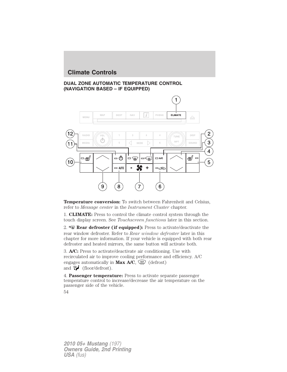 Navigation system based climate control, Climate controls | FORD 2010 Mustang v.2 User Manual | Page 54 / 314