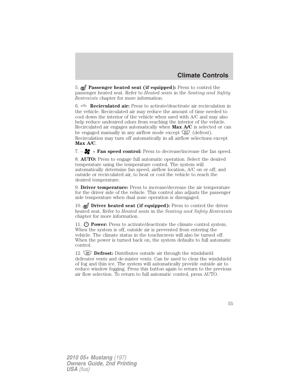 Climate controls | FORD 2010 Mustang v.2 User Manual | Page 55 / 314