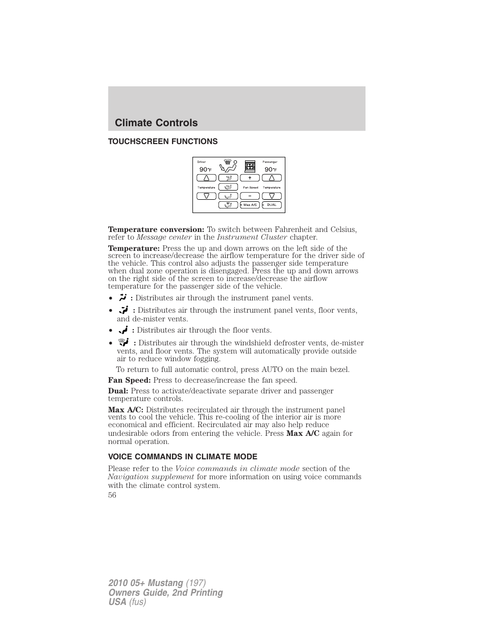 Touchscreen functions, Voice commands in climate mode, Climate controls | FORD 2010 Mustang v.2 User Manual | Page 56 / 314