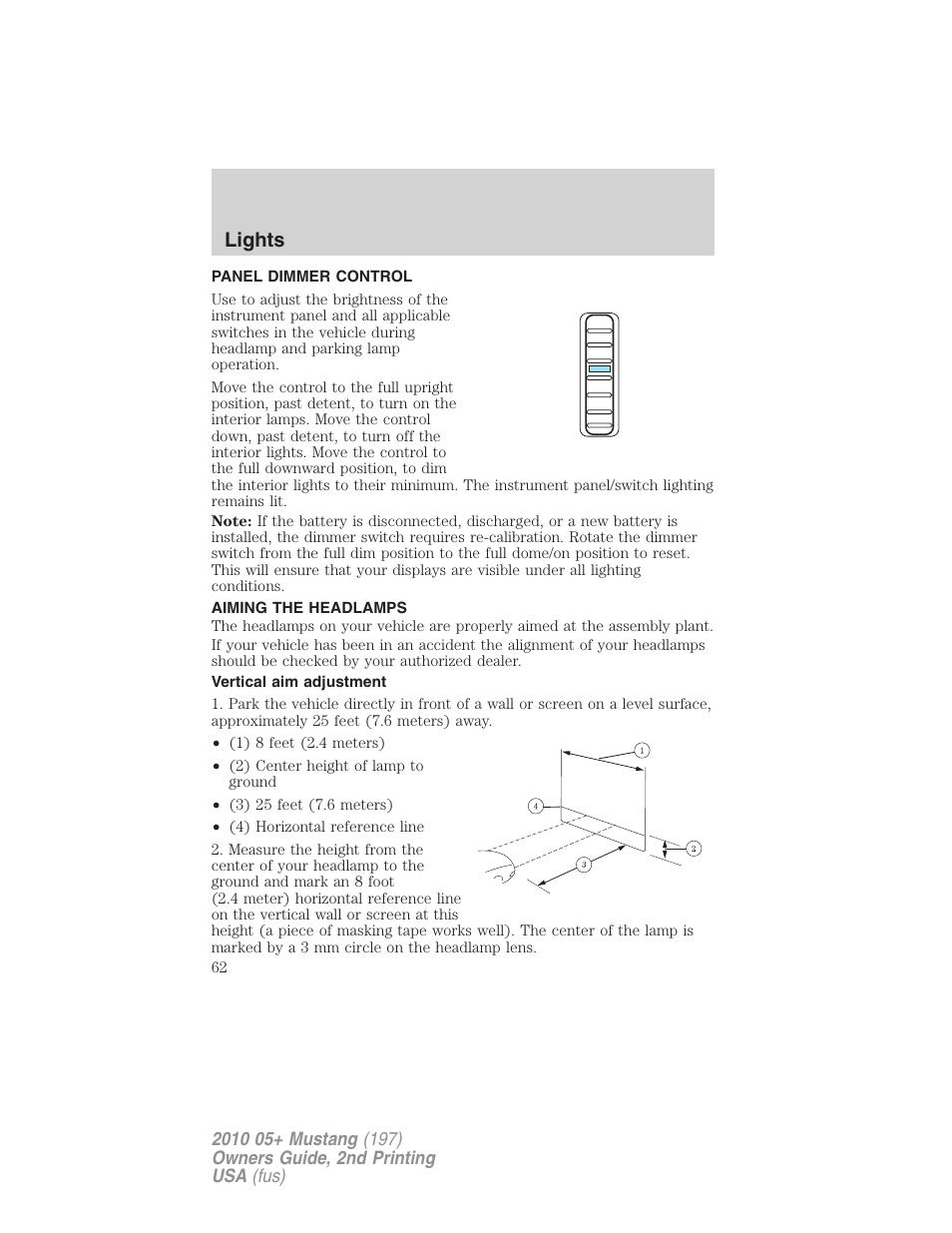 Panel dimmer control, Aiming the headlamps, Vertical aim adjustment | Lights | FORD 2010 Mustang v.2 User Manual | Page 62 / 314