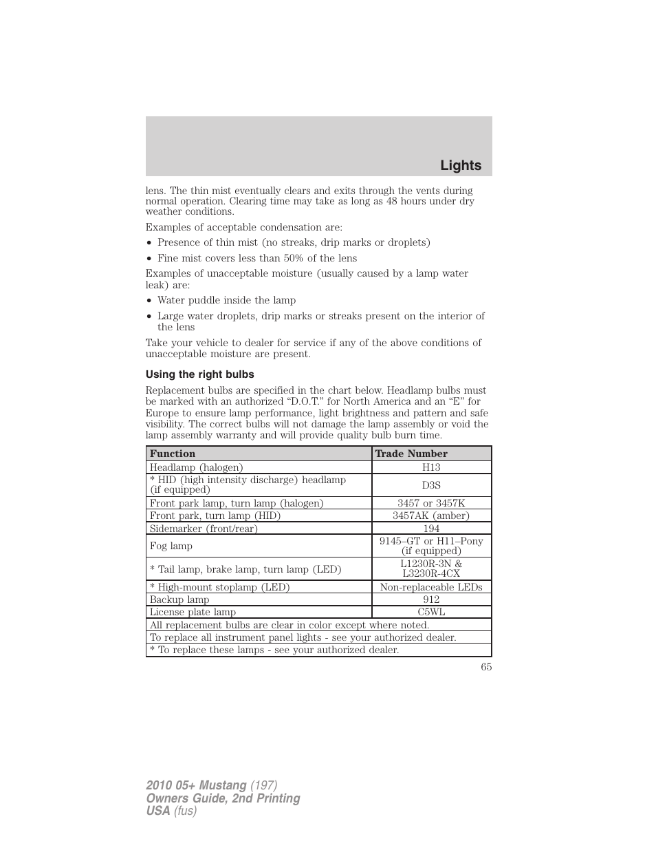 Using the right bulbs, Lights | FORD 2010 Mustang v.2 User Manual | Page 65 / 314