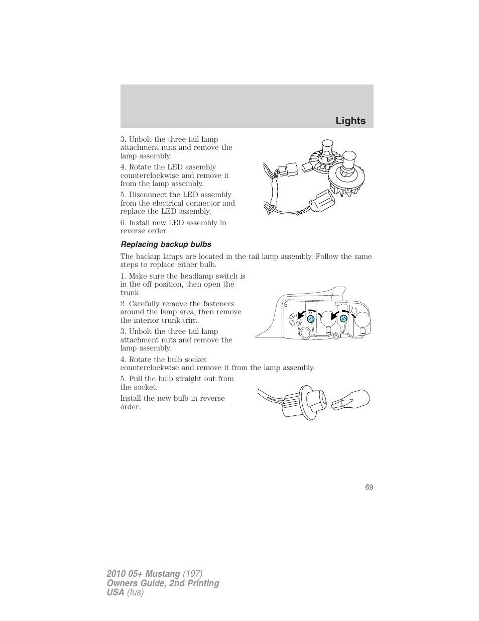 Replacing backup bulbs, Lights | FORD 2010 Mustang v.2 User Manual | Page 69 / 314